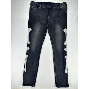 MNML Skeleton Bone Patch Jeans Faded Black Slim Fit Denim Size 42 Streetwear